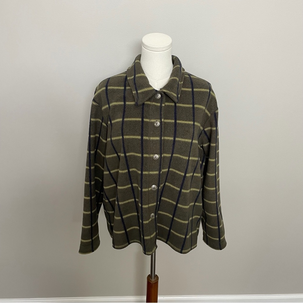 Faded Glory Shacket Fleece Jacket Mid Weight Metal Buttons Plaid Olive Green Y2K